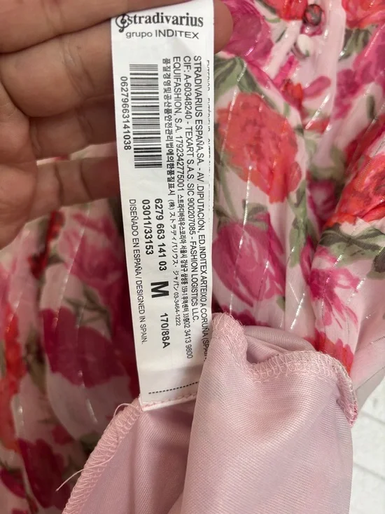 Stradivarius Pink Floral Midi Dress β Puff Sleeves Feminine Chic - Picture 11 of 14